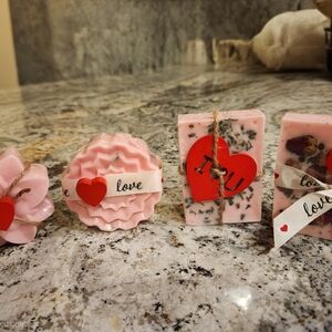 Valentines Day Handcrafted Pink Goats Milk Individual Soap with Heart Accents.